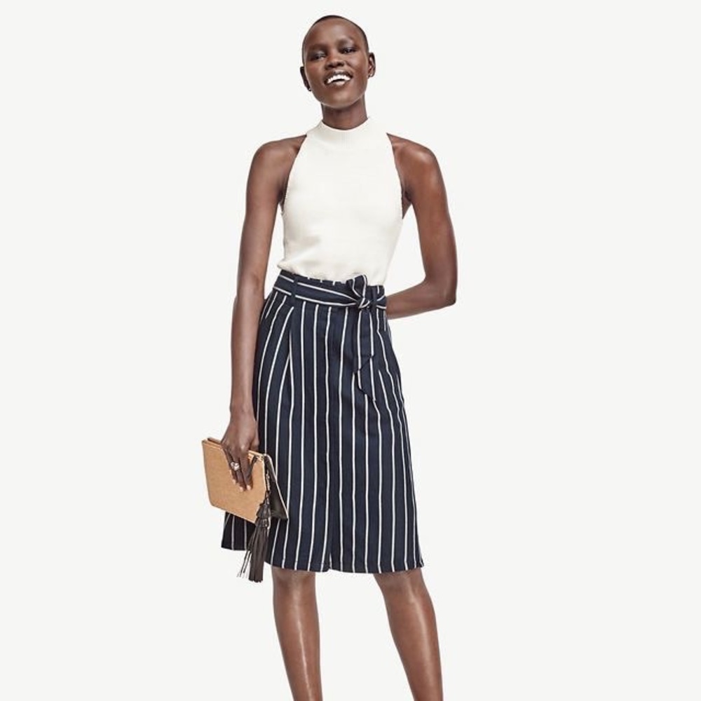 Ann Taylor belted and striped button up midi skirt